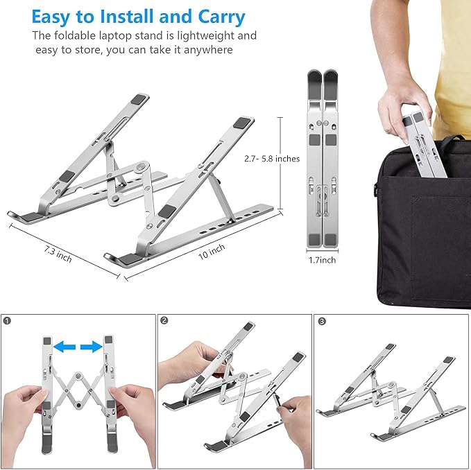 Leeboom Laptop Stand for Desk, Adjustable Foldable Aluminum Riser, Silver | Supports most 10-15.6 inch laptops and tablets with adjustable height and angle for improved comfort