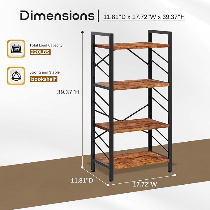DurayLoly 4 Tier Book Shelf, Industrial Bookcases with Metal Frame and Sidebars, Small Bookshelf for Bedroom, Home Office and Living Room, Rustic Brown