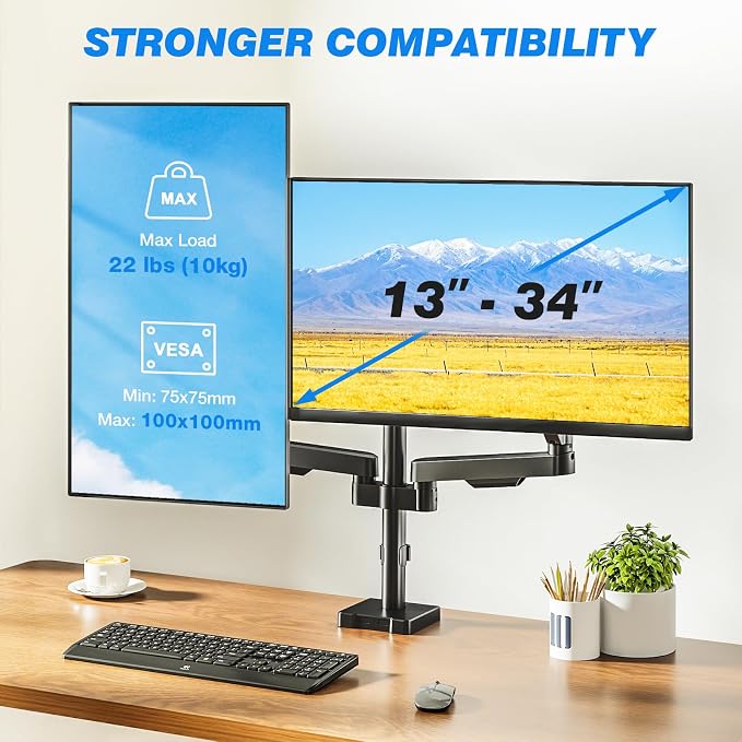 Premium Dual Monitor Desk Mount Stand for 17"-34" Screens, Taller Monitor Stand Hold up to 22lbs, Full Motion Height & Angle Adjustable with Tilt, Swivel, Rotation, VESA 75/100mm