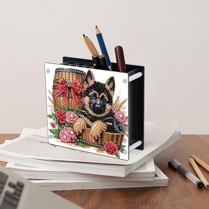 DIY Diamond Painting Kit，Little Black Dog Special Shape diamond painting pen holder, Acrylic Daily Office Desktop Decoration Storage Item