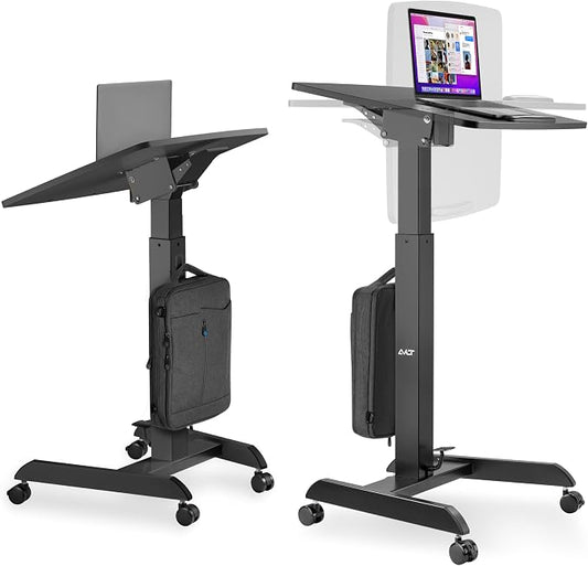 AVLT 47" Height Adjustable Mobile Workstation with Tilting Desk Black | 3 ft 11 inches - Foot Pedal Pneumatic Standing Desk Cart - Mobile Laptop Cart - Mobile Cart with Brake Casters