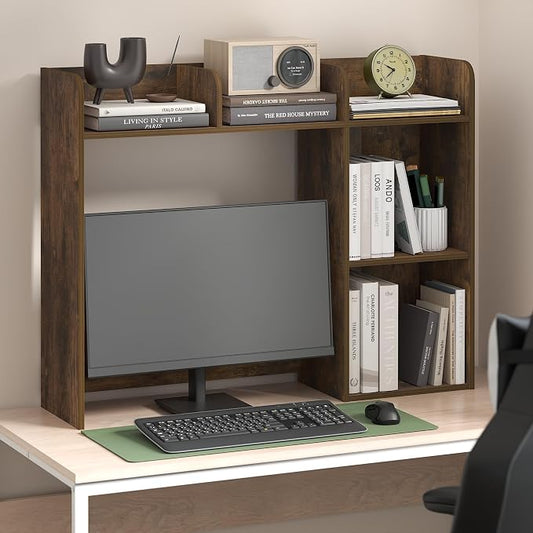 Furinno Classic Desk Shelf, 5-Shelf Desktop Hutch, Book Shelf, 3-Tier Desk Organzier, for Office Supplies, Office Desk Accessories, for Home Office, College, Dorm, Amber Pine