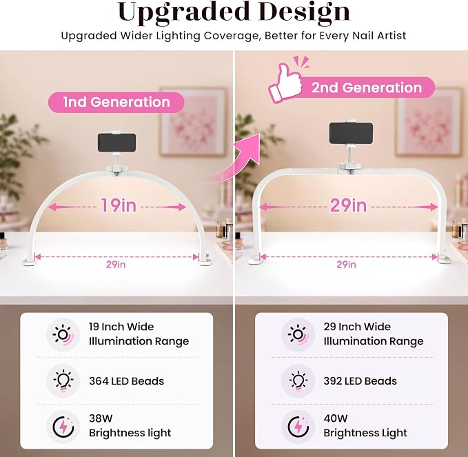 LIONVISON Nail Light for Desk: 29" Foldable Half Moon Light for Nail Tech with Phone Holder - 3 Color Modes & 10 Brightness - 40W Arch LED Nail Desk Lamp for Manicure Salon (with Diamond)