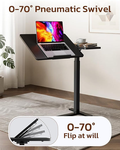 Simple Deluxe Standing Rolling Desk with Hidden Casters, Height Adjustable Pneumatic Mobile Laptop Desk, Tilting Bedside Table for Laptop, Overbed Bedside Table Hospital Home Use, Black