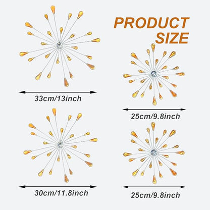 ZEXUIRU 4 Set Silver Starburst Wall Art for Home Decor Metal Bling Crystal Rhinestones Sunburst Wall Decor Sparkling Rhinestone Art Accent -Orange 13in/11.8in/9.8in/9.8in