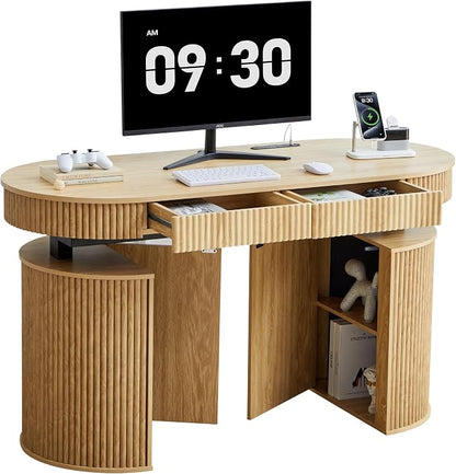 ORRD Electric Standing Desk with Storage and USB & Type-C Charging Ports, Adjustable Height Stand Up Desk, Mid Century Modern Fluted Workstation Desk for Home Office (Natural)