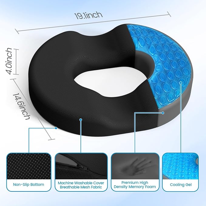 Donut Pillow Seat Cushion - Cooling Gel Donut Chair Cushions, Memory Foam Seat Cushion for Office & Home, Car Seat Cushion and Butt Pillow, Hemorrhoids Pillow and Tailbone Pain Relief, Black