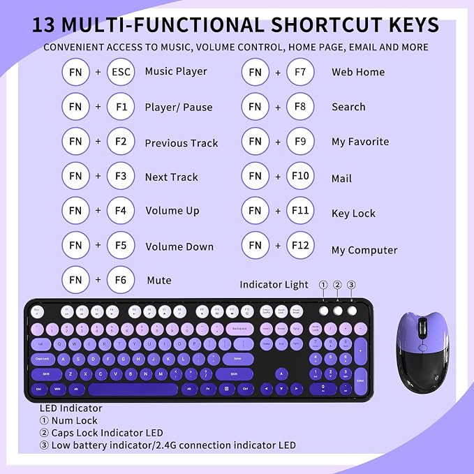 Wireless Keyboard and Mouse, 104 Round Keycaps Retro Typewriter with OTG & Brush, Full-Size Ergonomic, Ideal for Windows PC, Home, Office and College Purple Pink