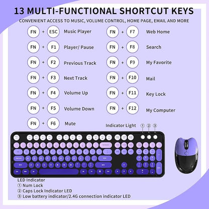 Wireless Keyboard and Mouse, 104 Round Keycaps Retro Typewriter with OTG & Brush, Full-Size Ergonomic, Ideal for Windows PC, Home, Office and College Purple Pink
