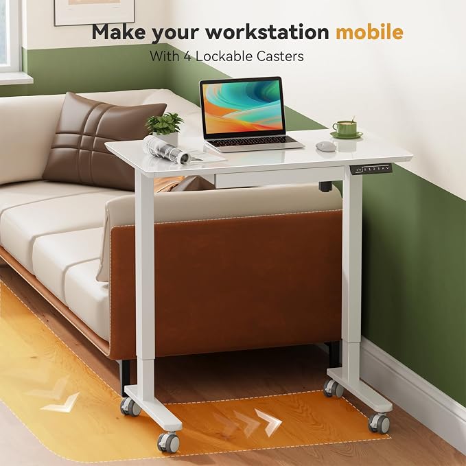 Gibbon Mounts Glass Standing Desk with Drawer, 35×20Inch Whole Piece Height Adjustable Rising Desk, Electric Sit Stand Desk with Wheels, Small Computer Desk, White