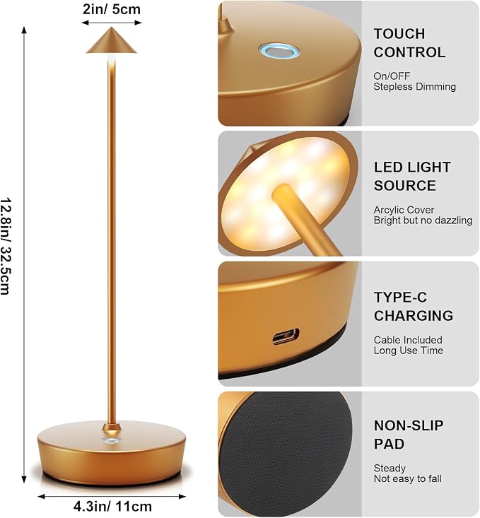 2Pack Rechargeable Cordless Table Lamp, Portable Powered LED Battery 6000mAh Metal USB Desk Lamp, 3 Levels Brightness Light for Restaurants Outdoor (2pack Gold)
