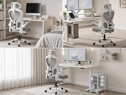 Ergonomic Office Chair with Adjustable Headrest & Lumbar Support, High Back Mesh Desk Chair, 330 LBS Capacity Swivel Computer Chair with Flip-Up Arms, Home Office Gaming Chair(Grey)