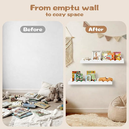White Scalloped Nursery Shelves for Wall, 4-Pack Floating Book Shelves for Kids Room, Wall Mounted Kids Bookshelves for Bedroom, Playroom, Book and Decor Display