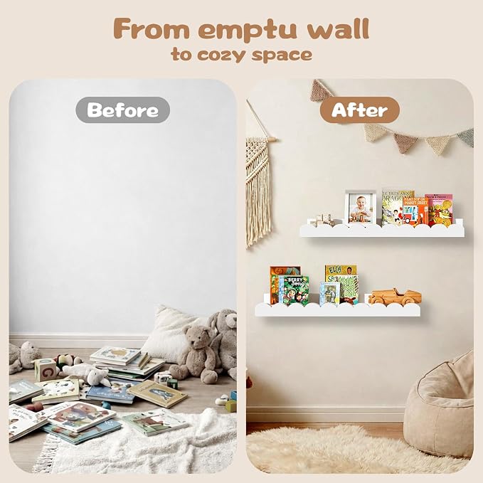Nursery Floating Shelves for Kids Room, 2 Pack 23.6 Inch White Wall Shelves with Scalloped Edge, Kids Bookshelves for Toddler Bedroom, Playroom, Baby Nursery Decor