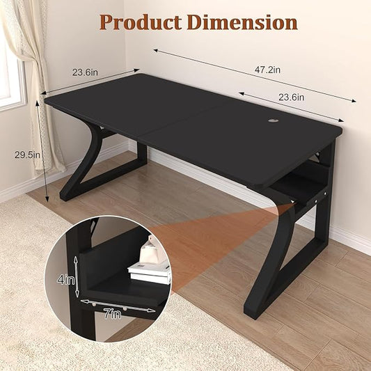 47 inch Computer Desk, Home Office Desk with Storage Shelf, Sturdy U-Shaped Metal Frame Study Table with Cable Management, Gaming Desk for Office & Bedroom (Black, 47inch)