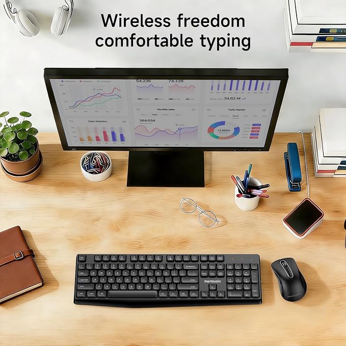 memzuoix Wireless Keyboard and Mouse Combo, 2.4G Full-Size Ergonomic Set with 1400 DPI Mouse, Lag-Free USB Receiver, 6-Month Battery Life for PC/Laptop/Windows/Mac (Black)