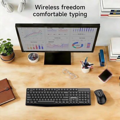 memzuoix Wireless Keyboard and Mouse Combo, 2.4G Full-Size Ergonomic Set with 1400 DPI Mouse, Lag-Free USB Receiver, 6-Month Battery Life for PC/Laptop/Windows/Mac (Black)