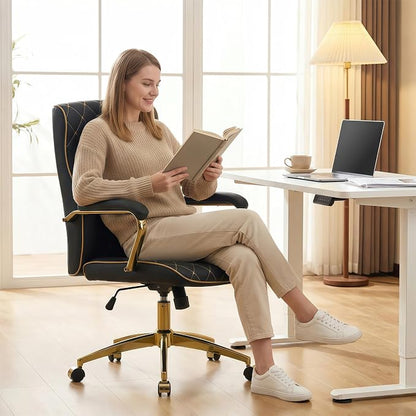 Furniliving Black and Gold Office Chair, Leather Office Chairs, Adjustable Vanity Chair with Golden Legs and Padded Armrest, Modern Upholstered Computer Chair with Wheels,Black