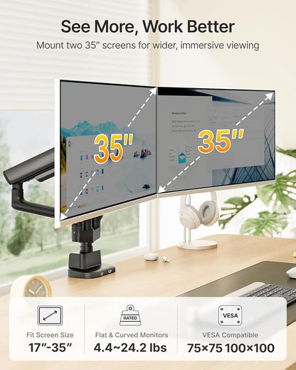 monTEK Extra Tall Dual Monitor Arms with USB, Mechanical Spring Desk Mount for 17 to 35 Inch 2 Screens, Smooth Precision Bearings, Holds up to 26.4 lbs Per Arm, C-Clamp/Grommet Base, VESA 75/100mm