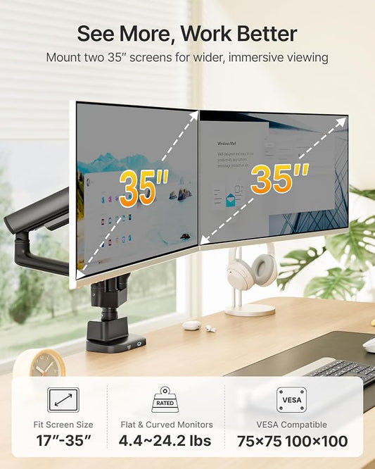 monTEK Extra Tall Dual Monitor Arms with USB, Mechanical Spring Desk Mount for 17 to 35 Inch 2 Screens, Smooth Precision Bearings, Holds up to 26.4 lbs Per Arm, C-Clamp/Grommet Base, VESA 75/100mm