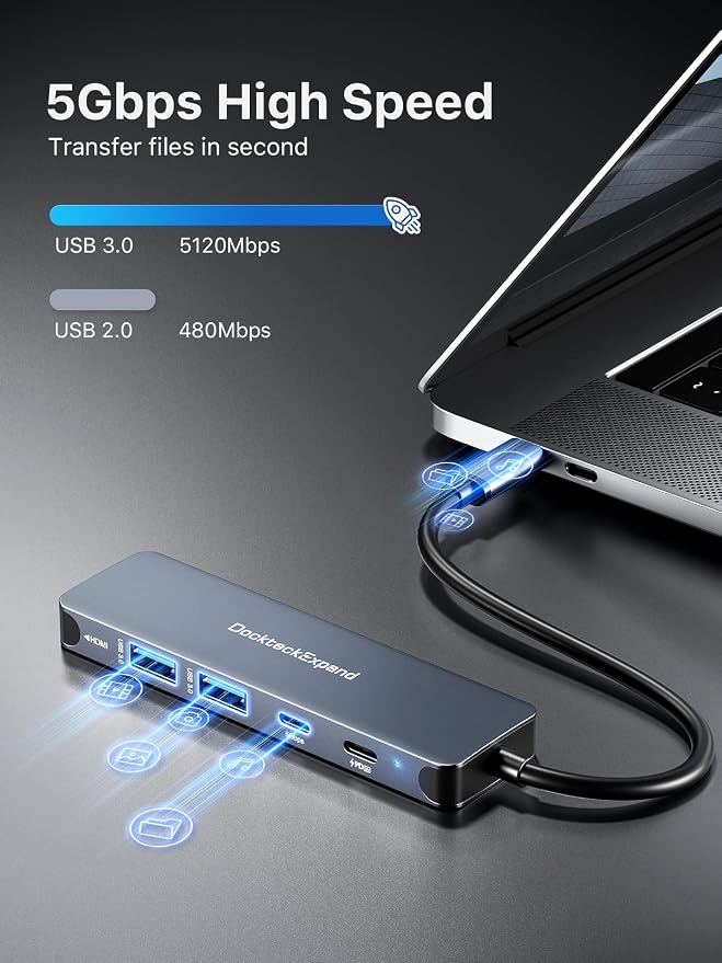 USB-C Hub, DockteckExpand USB-C to USB Adapter (5 in 1) with 4K HDMI, 100W Power Delivery, 5Gbps USB-C Data Port & 2 5Gbps USB-A Data Ports for MacBook Pro/Air, iPad Pro/Air, Dell XPS and More