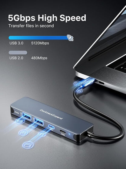USB-C Hub, DockteckExpand USB-C to USB Adapter (5 in 1) with 4K HDMI, 100W Power Delivery, 5Gbps USB-C Data Port & 2 5Gbps USB-A Data Ports for MacBook Pro/Air, iPad Pro/Air, Dell XPS and More