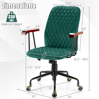 COSTWAY Green Velvet Office Chair, Upholstered Home Leisure Chair with Rubber Wood Armrests & 5-Claw Metal Base, Vintage Mid-Back Computer Desk Chair for Adult, Home, Office, Study