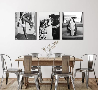 Bathroom Fashion Leopard Print Black and White Canvas Wall Art Trendy Women Posters Paintings Luxury Feminist Pictures Wall Decor for Bedroom Living Room Hallway Home Decoration 16x24 In Framed