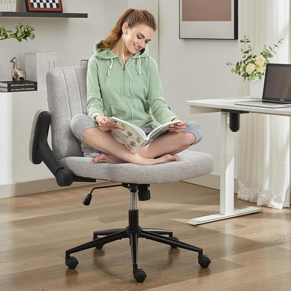 IPKIG Criss Cross Chair with Adjustable Flip-up Arms, Vanity Chair with Wheels, Comfy Desk Chair with Lumbar Pillow Swivel Wide Office Chair for Home Office, Bedroom (Linen, Grey)