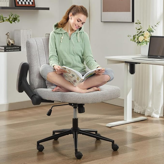 IPKIG Criss Cross Chair with Adjustable Flip-up Arms, Vanity Chair with Wheels, Comfy Desk Chair with Lumbar Pillow Swivel Wide Office Chair for Home Office, Bedroom (Linen, Grey)