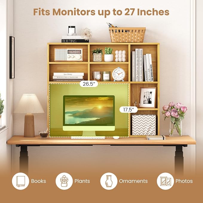 GOFLAME 7 Cubes Desktop Bookshelf, 37” Desk Organizer Shelf with 3 Adjustable Shelves, 3-Tier Wood Countertop Display Rack, Multipurpose Tabletop Desk Hutch for Dorm, Home Office, Burlywood