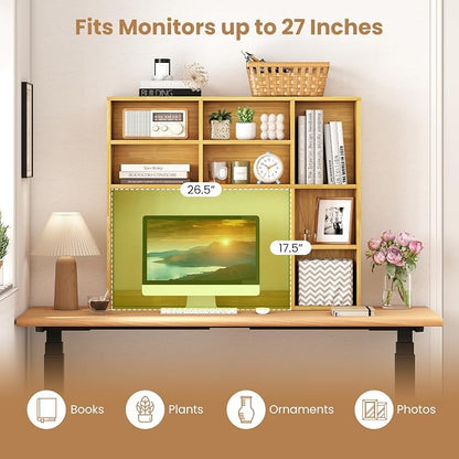 GOFLAME 7 Cubes Desktop Bookshelf, 37” Desk Organizer Shelf with 3 Adjustable Shelves, 3-Tier Wood Countertop Display Rack, Multipurpose Tabletop Desk Hutch for Dorm, Home Office, Burlywood