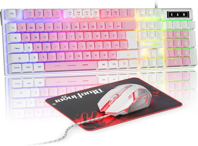 BlueFinger RGB Gaming Keyboard and Backlit Mouse Combo, USB Wired, LED Gaming Set for Laptop PC Computer Game and Work (White & Pink)