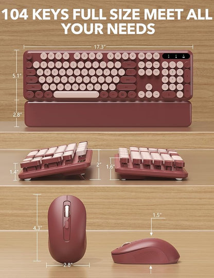 Wireless Keyboard and Mouse Combo - Cute Typewriter Keyboard with Detachable Wrist Rest, Retro Round Keycaps, Foldable Legs, 2.4GHz Full-Size Keyboard for PC, Laptop, Windows - Trueque (Wine Red)