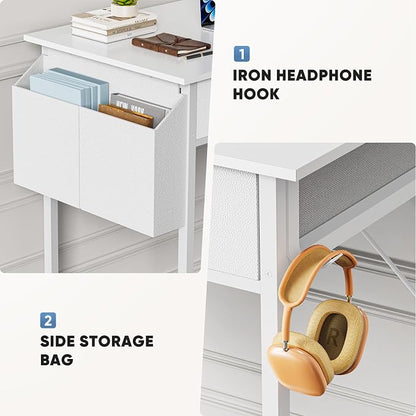 32" Small Gaming Desk with Drawers, Home Office Computer Writing Study Table with Storage Side Bag, Headphone Hook, and Adjustable Feet for Bedroom, White