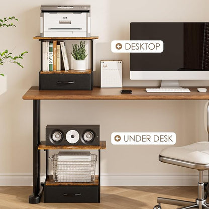 Masupu Printer Stand for Desk, Printer Table with Fabric Storage Drawer, 2 Tier Desktop Shelf, Multi-Purpose Desk Organizer for Home Office, 3D Printer, Fax Machine, Scanner, Rustic Brown