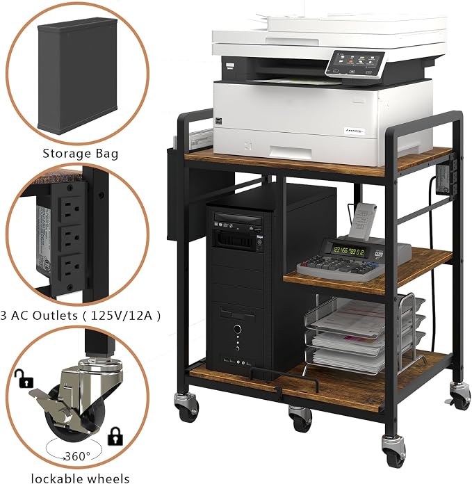 Sedegn Large Printer Stand with Wheels: Lockable Rolling Printer Cart | 24 x 18 Inch Top Fits Laser Printers Shredders and PC Towers 3-Outlet Power Strip and Storage Bag for Home Office (Brown)