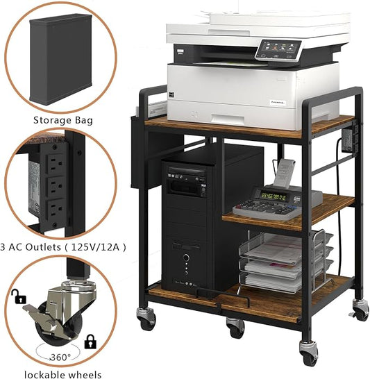 Sedegn Large Printer Stand with Wheels: Lockable Rolling Printer Cart | 24 x 18 Inch Top Fits Laser Printers Shredders and PC Towers 3-Outlet Power Strip and Storage Bag for Home Office (Brown)
