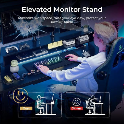 GTPLAYER Electric Standing Desk with Drawers, 55 x 24 Inch Height Adjustable Gaming Desk with Monitor Stand, Power Outlets & LED Lights, Home Office Sit Stand Up Desk with Memory Preset (Black)