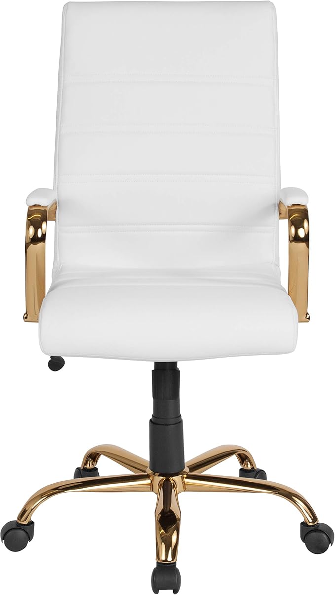 Merrick Lane Milano Contemporary High-Back White Faux Leather Home Office Chair with Padded Gold Arms