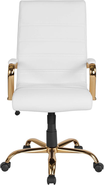 Merrick Lane Milano Contemporary High-Back White Faux Leather Home Office Chair with Padded Gold Arms