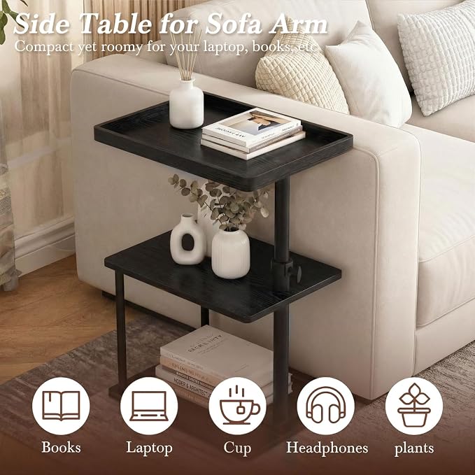 Faesun C Table End Table Adjustable Height, 360°Swivel TV Tray Table for Small Spaces, Small Nightstand for Living Room, Bedroom, Black