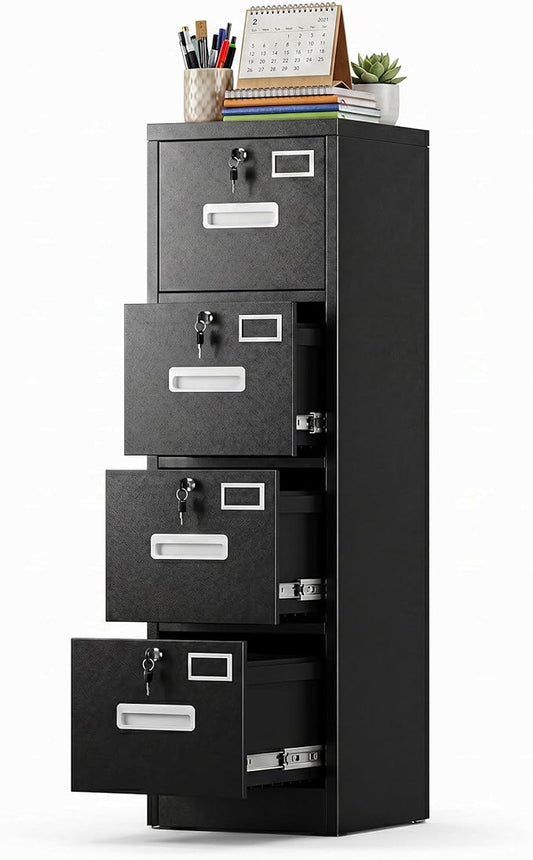 SUXXAN 4 Drawer File Cabinet with Lock and Name Card Slots, Heavy Duty Metal Vertical Filing Cabinet for Home Office for Letter/Legal/A4 Size, 17.72" D x 14.96" W x 55.2" H, Black