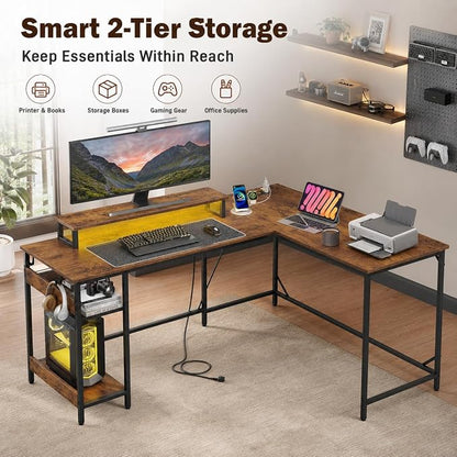 DEVAISE Spacious 55" L Shaped Gaming Desk with LED Lights and Power Outlets - Reversible Corner Computer Table with Monitor Stand and Storage Shelves for Work and Gaming, Rustic Brown