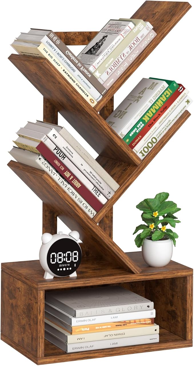 SHEEPAM Small Tree Book Shelf,5 Tier Black Tree Bookshelf,Brown Desktop Bookcase,Modern Desk Display Storage Bookshelves,Floor Standing Organizer Bookcases for Living Room,Bedroom,Office-White-Brown