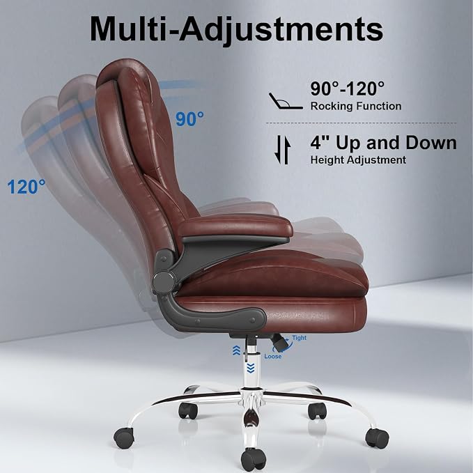 Office Chair, Home Desk Chair, Ergonomic Computer Chair with Lumbar Support, Executive Leather Chair with Flip-Up Armrests, Big and Tall Swivel Rolling Chair, Brown