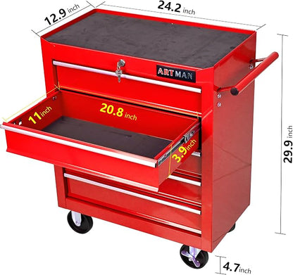 RYH 5 Drawers Rolling Tool Chest & Tool Box on Wheels | Heavy Duty Metal Cart with Ball Bearing Drawers | Fits US General Tool Box for Garage Storage (Red, 5 Drawers（29.9" H × 24.2" W × 12.9" D)