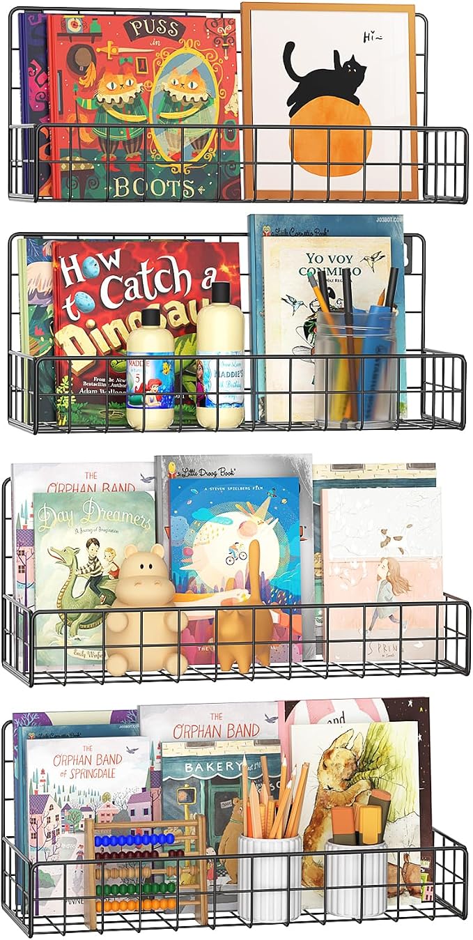MFTEK Wall Mounted Metal Kids Bookshelf - Wall Book Shelf for Kids Rooms, Hanging Book Shelves Organizer for Room Decor, Nursery Classroom Home Floating Bookshelves Gloss Black 4 Pack