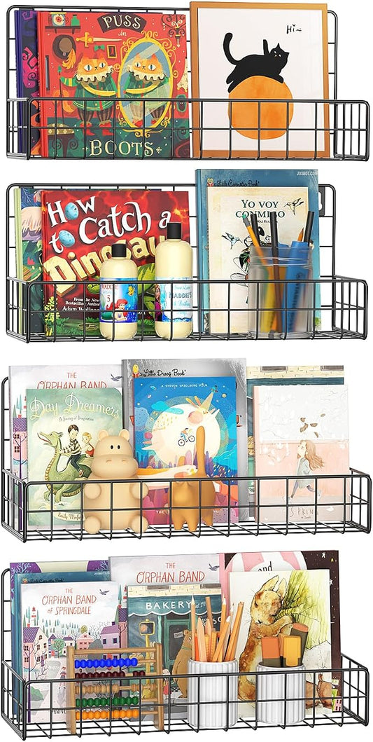 MFTEK Wall Mounted Metal Kids Bookshelf - Wall Book Shelf for Kids Rooms, Hanging Book Shelves Organizer for Room Decor, Nursery Classroom Home Floating Bookshelves Gloss Black 4 Pack