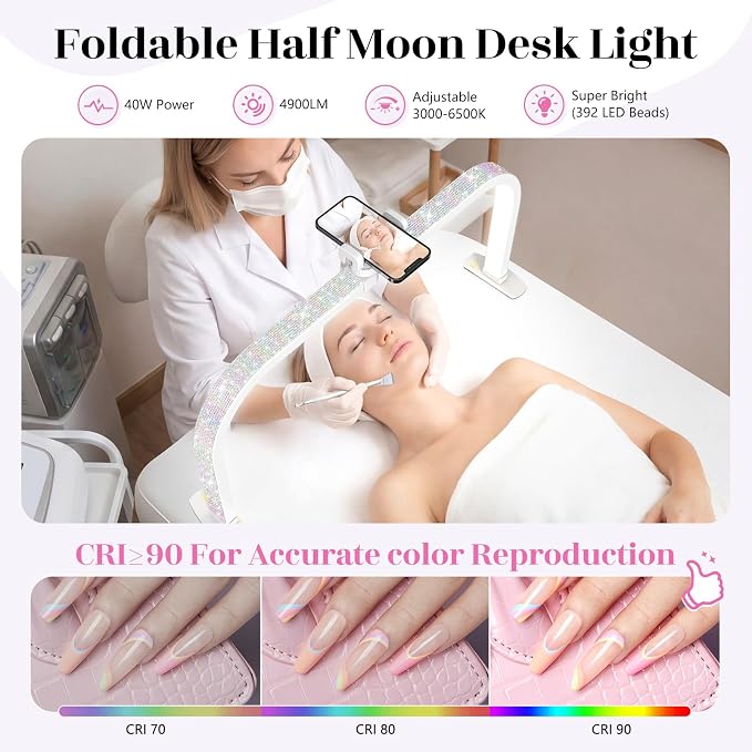 LIONVISON Nail Light for Desk: 29" Foldable Half Moon Light for Nail Tech with Phone Holder - 3 Color Modes & 10 Brightness - 40W Arch LED Nail Desk Lamp for Manicure Salon (with Diamond)